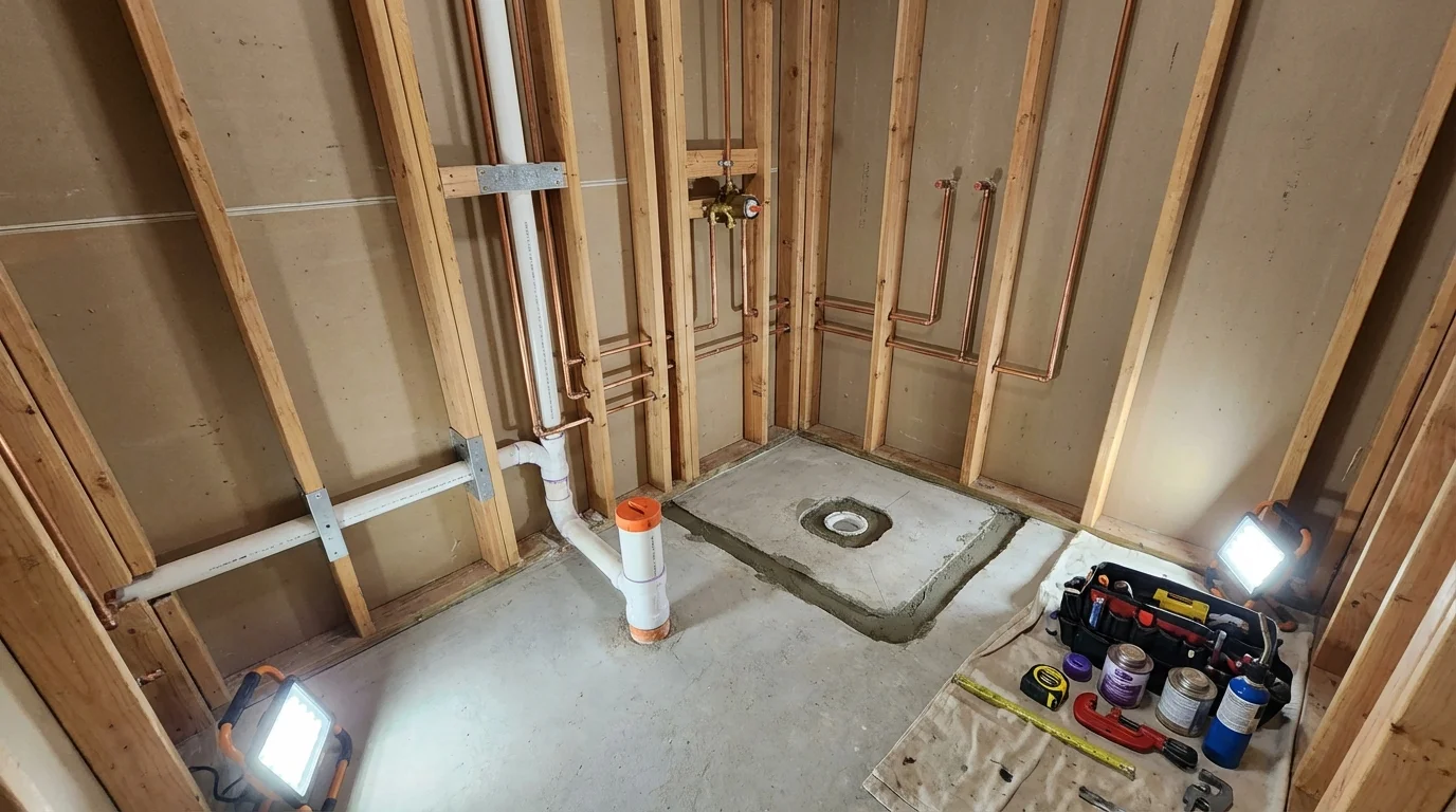 Bathroom rough-in plumbing during remodel by Johns Plumbing LLC in Refugio