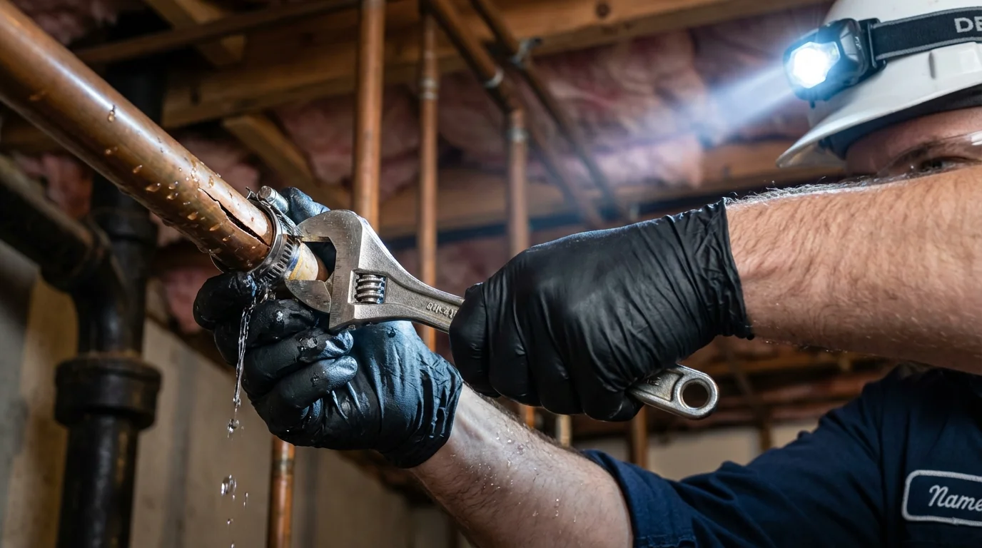 Emergency pipe clamp repair being performed by a Johns Plumbing LLC plumber in Refugio