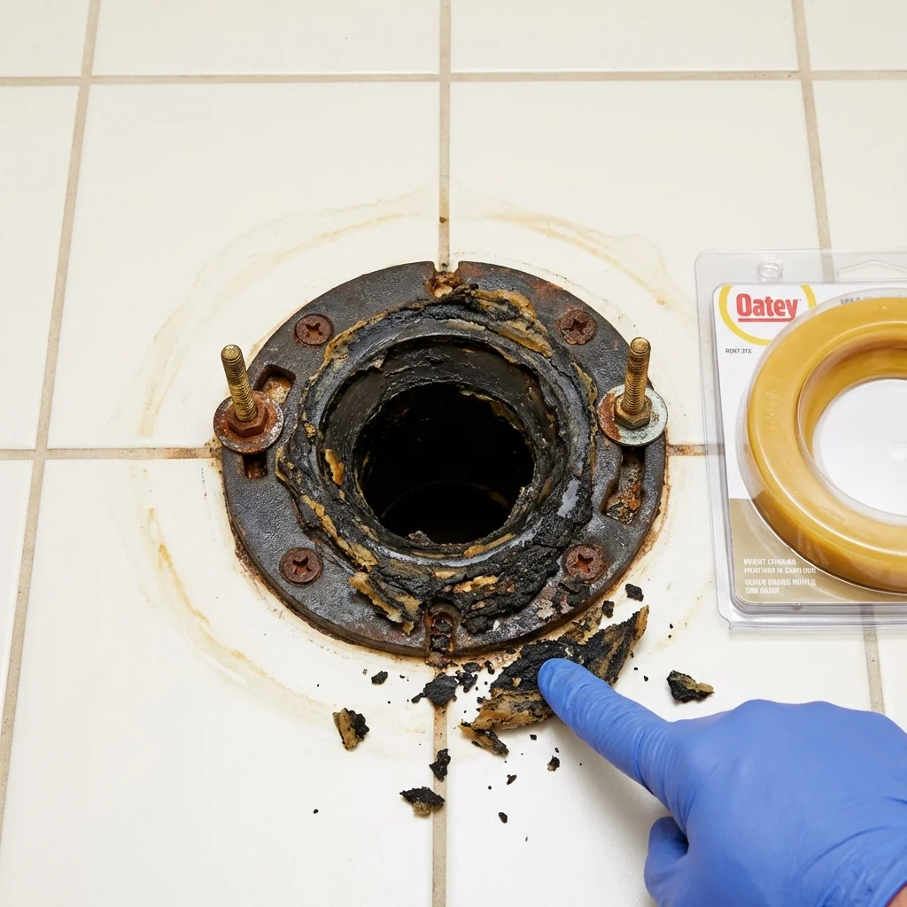 Failed wax ring showing water seepage at the base of a toilet in a Refugio, TX home