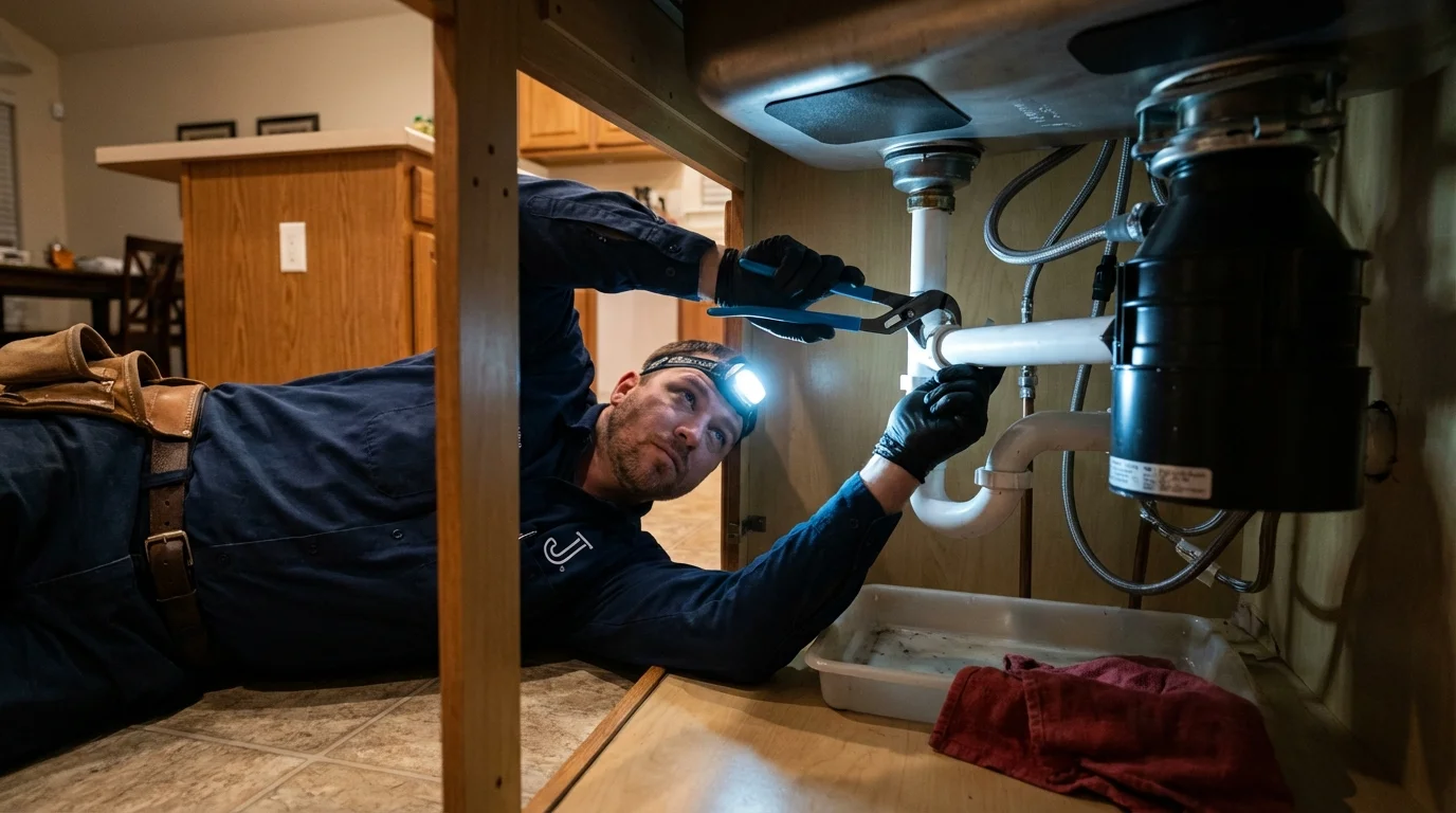 P-trap and supply line connections under a kitchen sink showing a common leak point in Refugio, TX